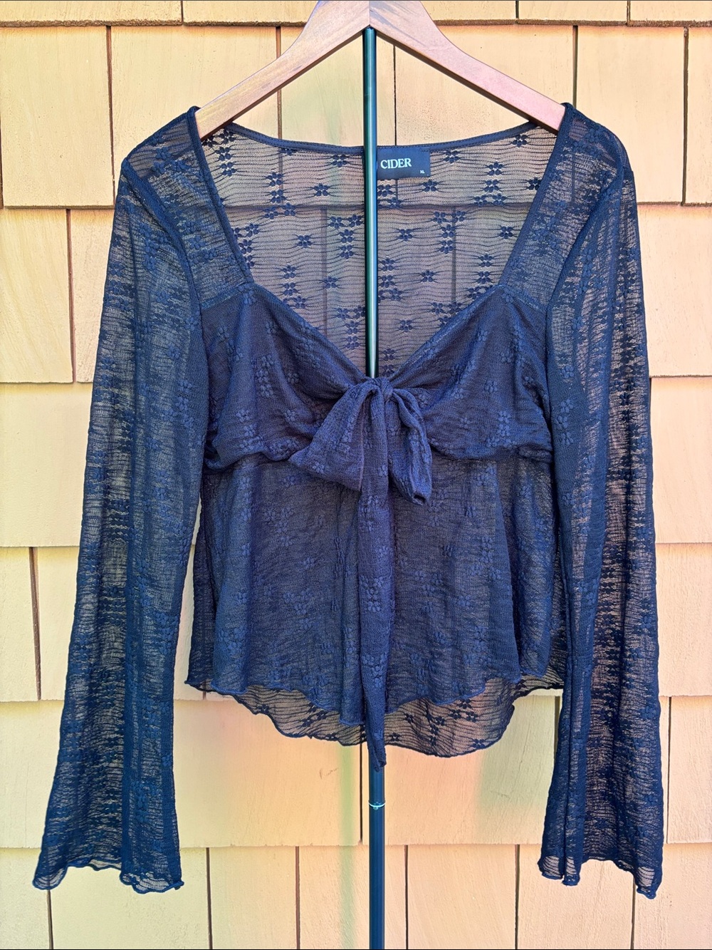 CIDER Black Sheer Floral Lace Baby Doll Bell Sleeve‎ Blouse XL Fairy Grunge